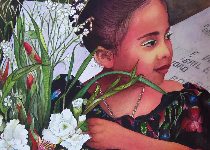 Portrait Of A Young Mexican Girl Holding Flowers During The Day Of The Dead Celebrations Greeting Card featuring the painting Flower Girl on Dia de Los Muertos by Susan Santiago
