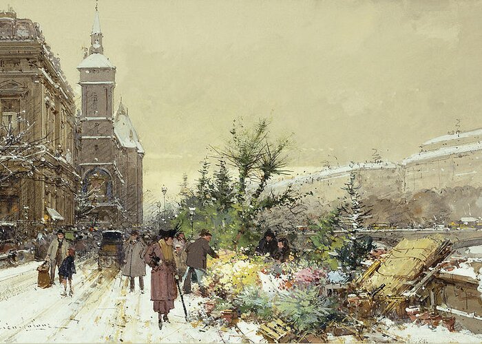 19th Century Greeting Card featuring the painting Flower Market Marche aux Fleurs by Eugene Galien-Laloue