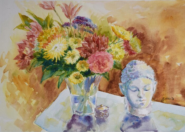 Still Life Greeting Card featuring the painting Flower Vase with Buddha by Jyotika Shroff