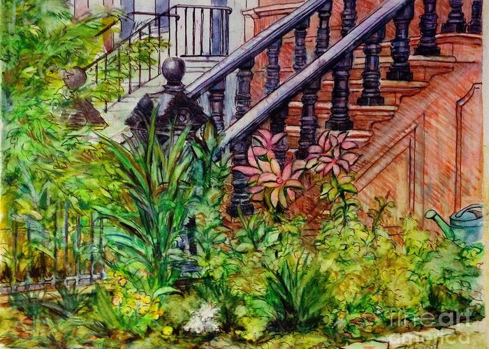 Park Slope Greeting Card featuring the painting Flowers and Balustrade Eighth Street by Nancy Wait