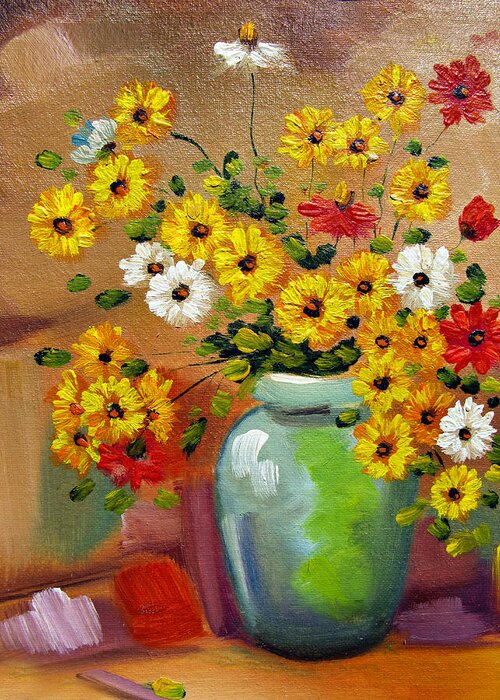 Flowers Art Still Life Oil Painting Print Canvas Greeting Card featuring the painting Flowers - Still life by Daliana Pacuraru