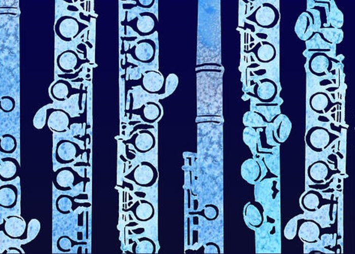 Flute Greeting Card featuring the mixed media Flutes in Blue by Jenny Armitage