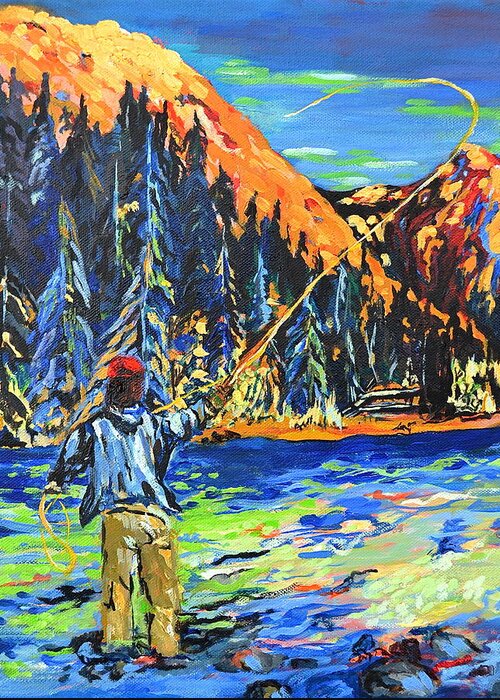 Fisherman Greeting Card featuring the painting Fly Fisherman by Gregory Merlin Brown