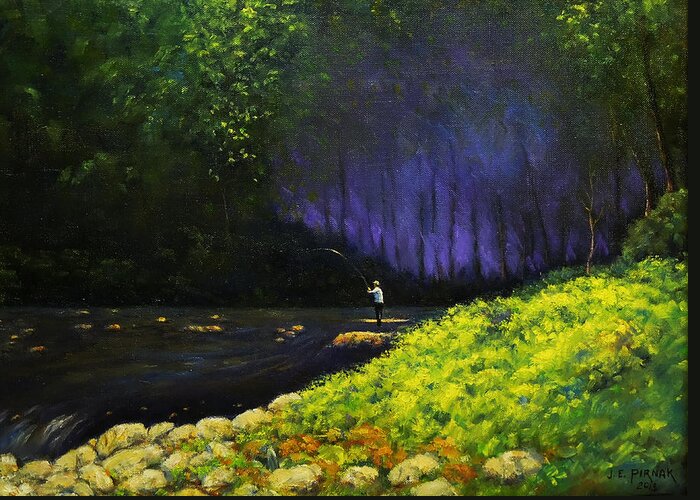 Fly Fisher Greeting Card featuring the painting Fly Fishing by John Pirnak