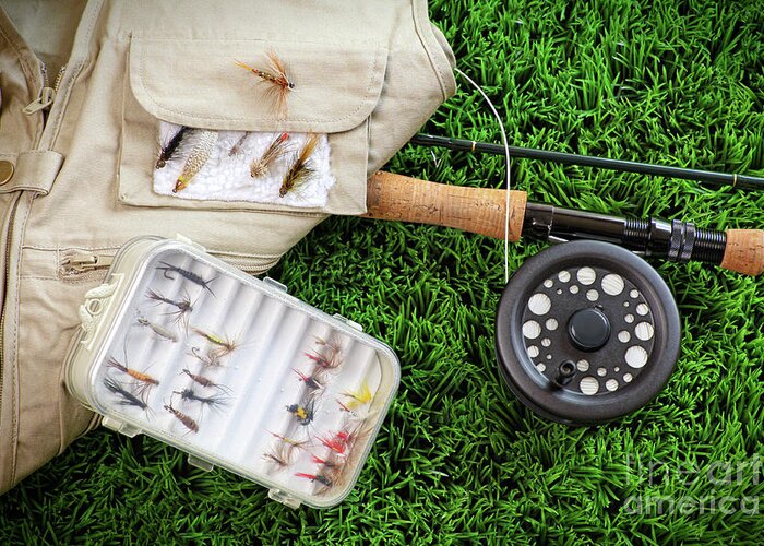 Activity Greeting Card featuring the photograph Fly fishing rod and asessories by Sandra Cunningham