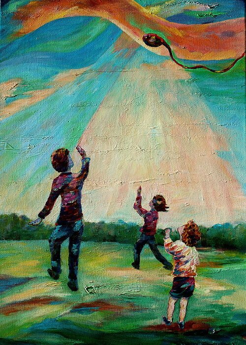 Kids Playing Greeting Card featuring the painting Flying High by Naomi Gerrard