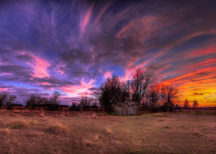 Farm Greeting Card featuring the photograph FM Sunset Pano in Needville Texas by Micah Goff