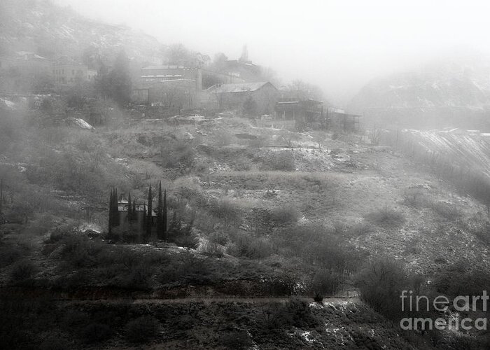 Fog Greeting Card featuring the photograph Fog and Snow with Powderbox Church in Jerome AZ by Ron Chilston