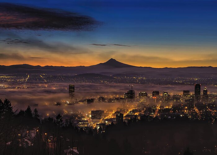 Dawn Greeting Card featuring the photograph Fog Rolling in at Dawn over the city of Portland by David Gn