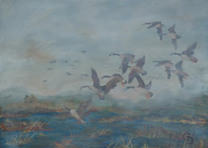 #wildlife Prints Greeting Card featuring the painting Foggy Morning by Gail Daley