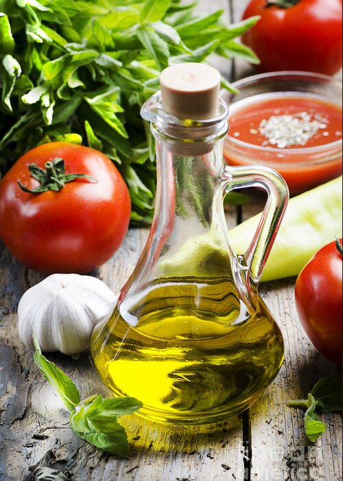 Oil Greeting Card featuring the photograph Olive Oil and Food Ingredients by Jelena Jovanovic