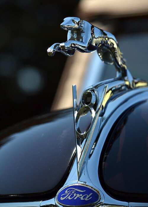 Car Greeting Card featuring the photograph Ford V-8 Hood Ornament by Dean Ferreira