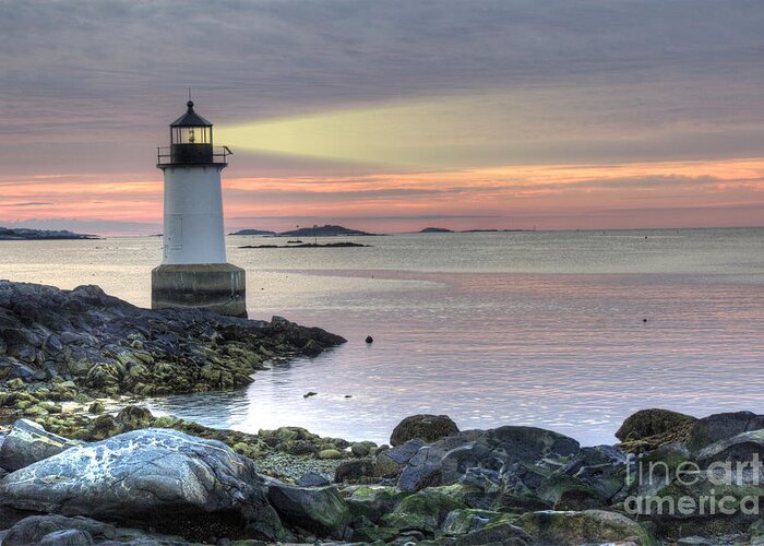America Greeting Card featuring the photograph Fort Pickering Lighthouse at Sunrise by Juli Scalzi