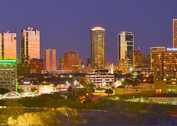 Fort Worth Skyline Greeting Card featuring the photograph Fort Worth Skyline at Night Color Evening Panorama Ft. Worth Texas by Jon Holiday