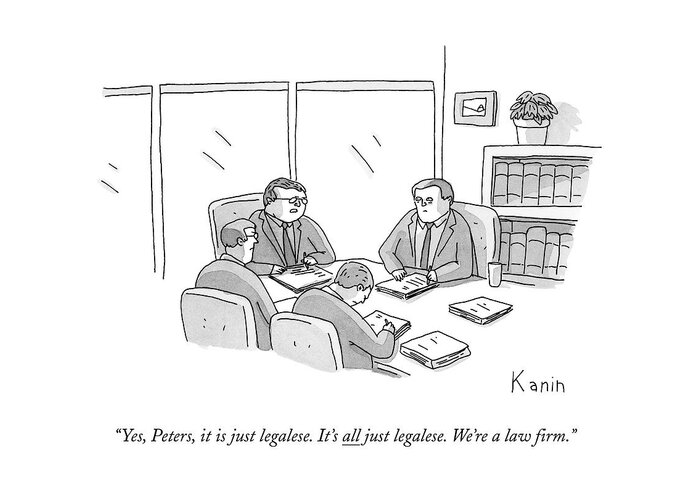 Yes Greeting Card featuring the drawing Four Lawyers Speak At A Conference Table by Zachary Kanin