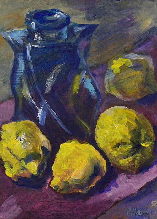 Still Life Greeting Card featuring the painting Four Lemons and a Blue Vase by Maxim Komissarchik