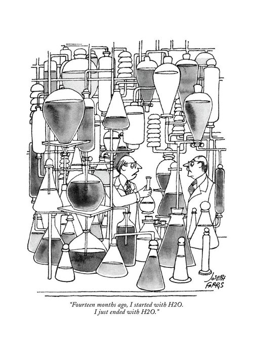 78506 Jfa Joseph Farris (one Scientist To Another In Laboratory.) Another Experiment Experiments Lab Laboratory Labs One Professor Science Scientist Technological Technology Water Greeting Card featuring the drawing Fourteen Months Ago by Joseph Farris