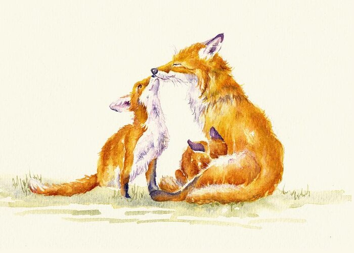 Foxes Greeting Card featuring the painting Foxy Family by Debra Hall