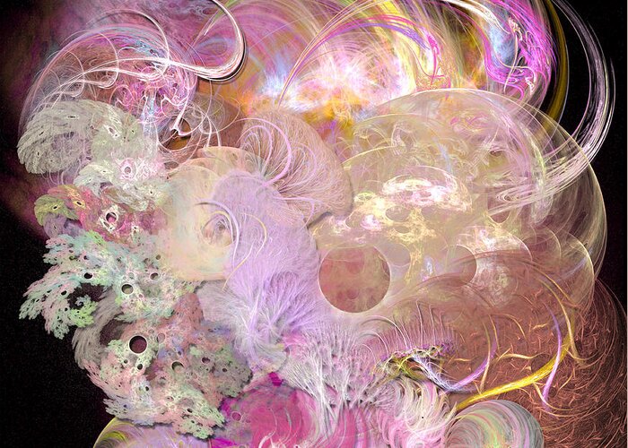 Pink Greeting Card featuring the digital art Fractal Feathers Pink by Ann Stretton