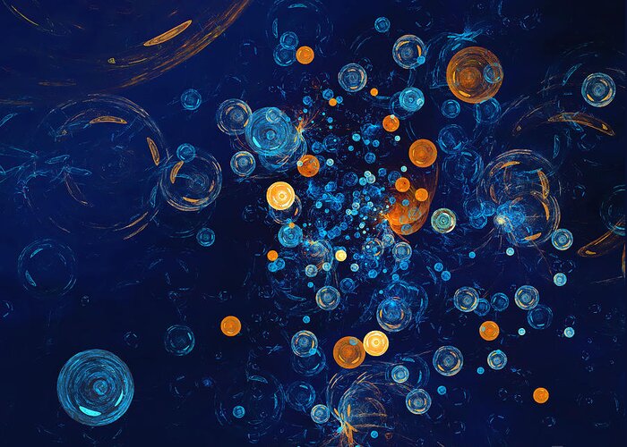 Modern Art Greeting Card featuring the digital art Soapbubbles - Abstract in Blue and Orange by Menega Sabidussi