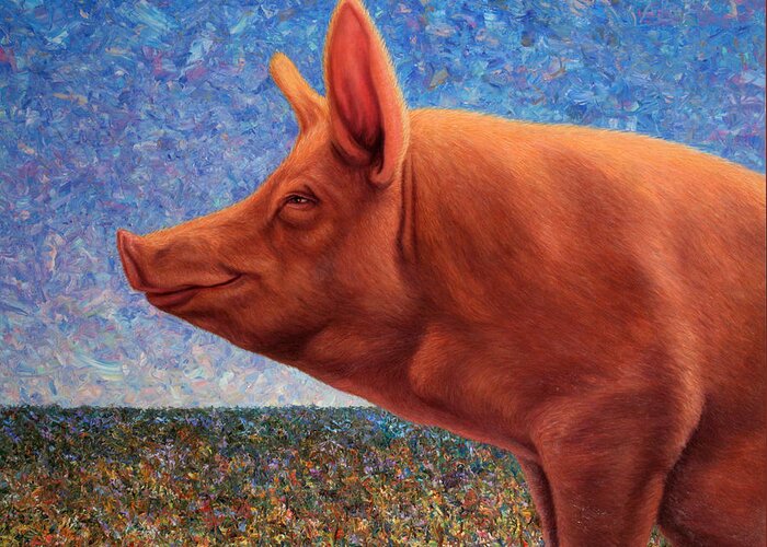 Pig Greeting Card featuring the painting Free Range Pig by James W Johnson
