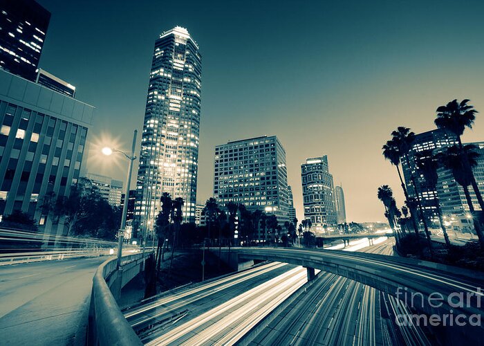 Los Greeting Card featuring the photograph Freeway traffic in downtown Los Angeles by Konstantin Sutyagin