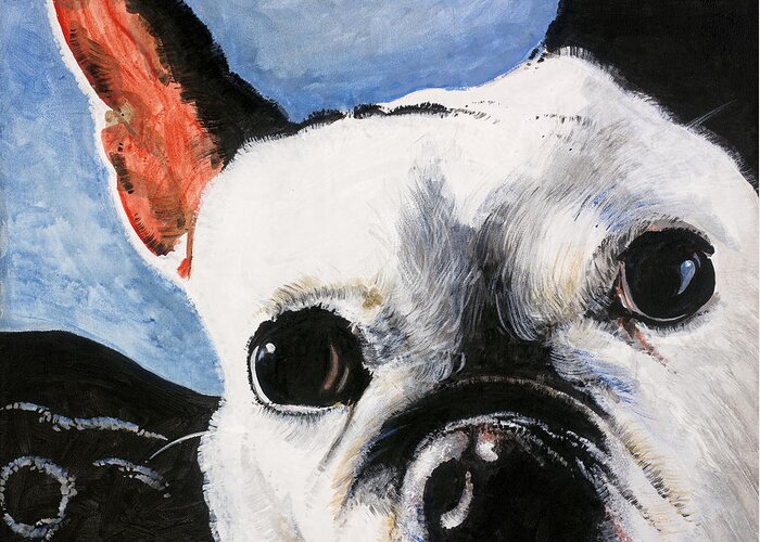 Bulldog Greeting Card featuring the painting French Bulldog in car by Alan Metzger