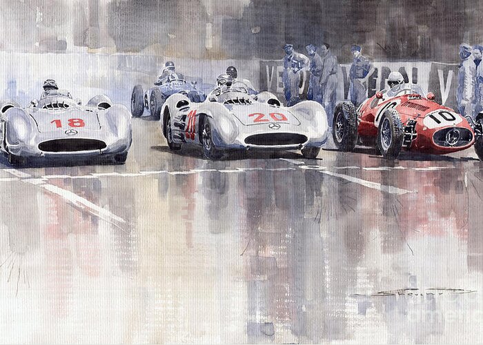 Watercolour Greeting Card featuring the painting French GP 1954 MB W 196 Meserati 250 F by Yuriy Shevchuk