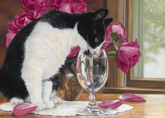 Cat Greeting Card featuring the painting Fresh Water by Lucie Bilodeau