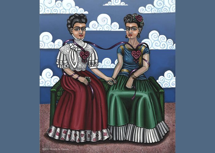 Hispanic Folk Art Greeting Card featuring the painting Frida Beside Myself by Victoria De Almeida