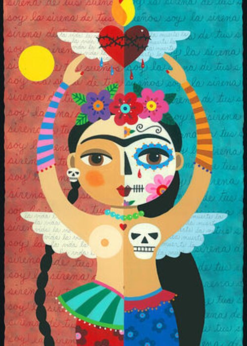 Frida Greeting Card featuring the painting Frida Kahlo Mermaid Angel with Flaming Heart by Andree Chevrier