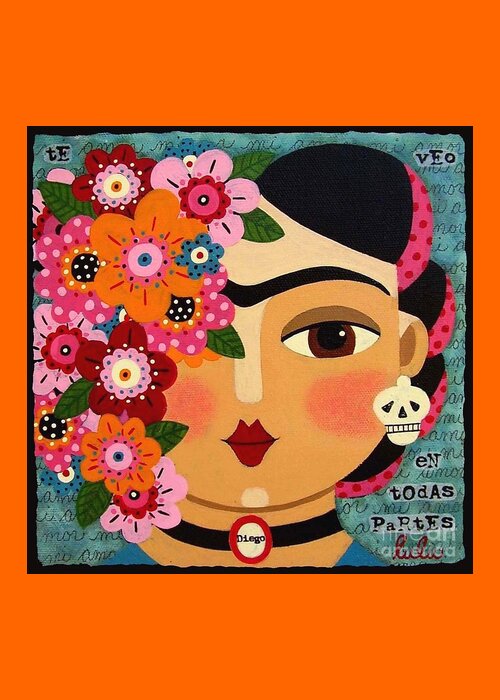 Frida Greeting Card featuring the painting Frida Kahlo with Flowers and Skull by Andree Chevrier