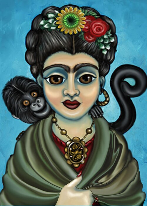 Frida Greeting Card featuring the painting Frida's Monkey by Victoria De Almeida