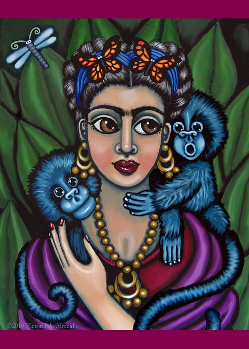 Mexican Folk Art Greeting Card featuring the painting Frida's Monkeys by Victoria De Almeida