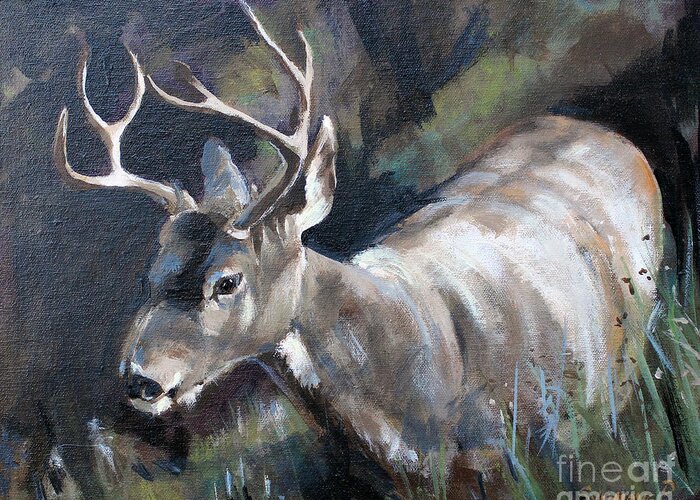 Deer Greeting Card featuring the painting Friend in the yard by Synnove Pettersen