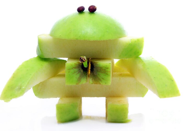 Apple Greeting Card featuring the photograph Friendly apple monster made from one apple by Simon Bratt