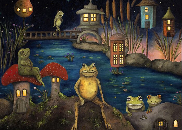 Frog Greeting Card featuring the painting Frogland by Leah Saulnier The Painting Maniac