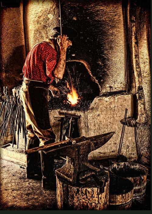 Lincoln Rogers Greeting Card featuring the photograph Frontier Blacksmith at the Forge by Lincoln Rogers