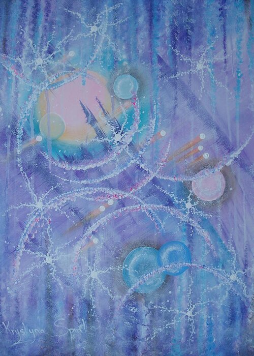 Abstract Landscape Frozen Ice Planets Frozen Stars Rocks Deep Space Cold Circles Shooting Stars Outer Space Office Bedroom Children's Living Room Float Fly Gas Purple Fantasy Bubbles Snow Flakes Wind Motion Expressive Shapes Frost Greeting Card featuring the painting Frosticles by Krystyna Spink