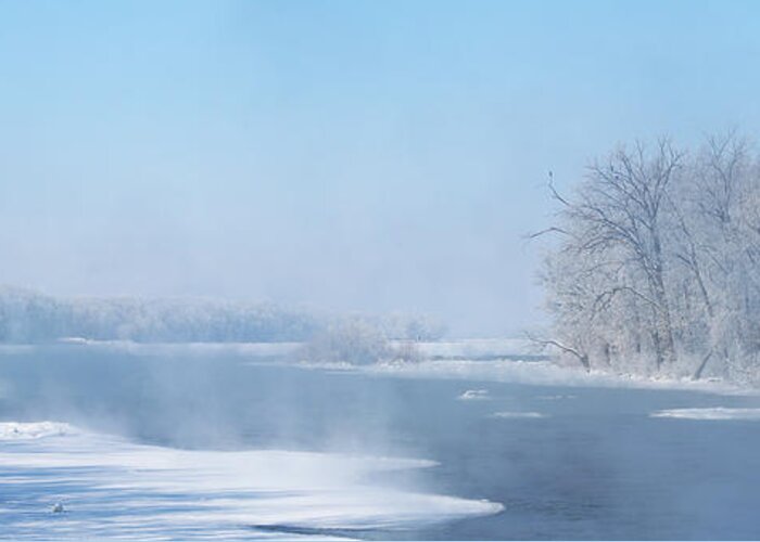 Frosty Morning Greeting Card featuring the photograph Frosty Morning on the Maumee River in Grand Rapids Panorama1 by Jack Schultz