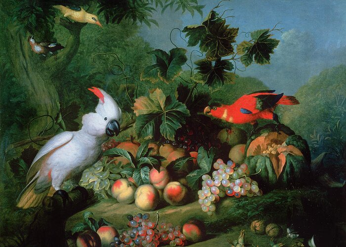 Frame Greeting Card featuring the photograph Fruit And Birds by Jakob Bogdani or Bogdany