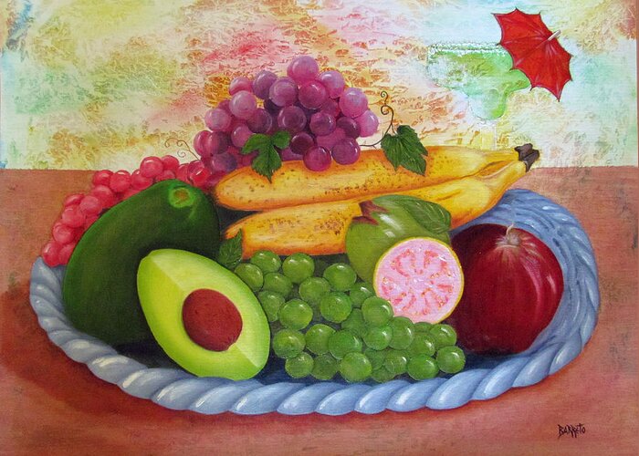 Aguacate Greeting Card featuring the painting Fruits Delight by Gloria E Barreto-Rodriguez