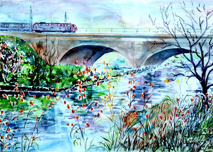 Watercolour Greeting Card featuring the painting Fuerth seven arches bridge by Almo M