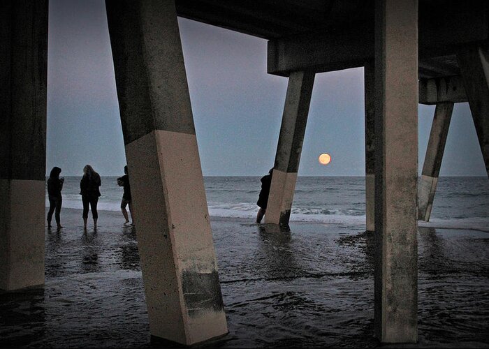 Full Moon Print Greeting Card featuring the photograph Full Moon at Johnnie Mercer's Pier by Phil Mancuso