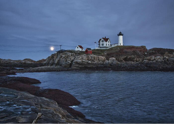 Maine Lighthouse Greeting Card featuring the photograph Full Moon Rise Over Nubble by Jeff Folger