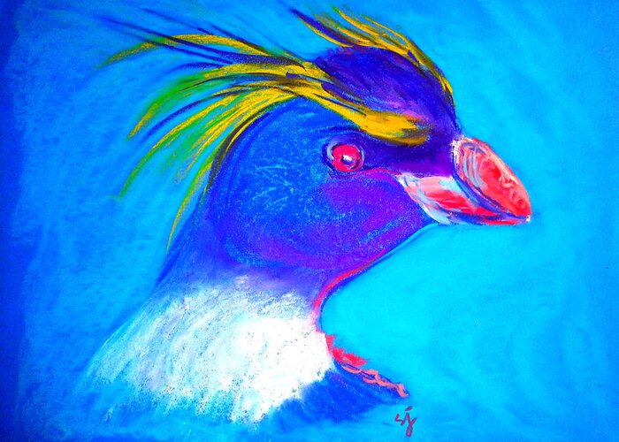 Birds Greeting Card featuring the painting Funky Penguin Rockhopper by Sue Jacobi