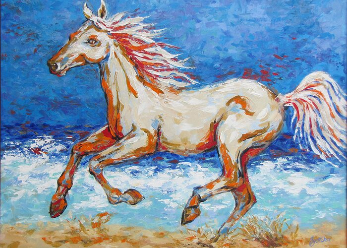  Beach Greeting Card featuring the painting Galloping Horse on Beach by Jyotika Shroff