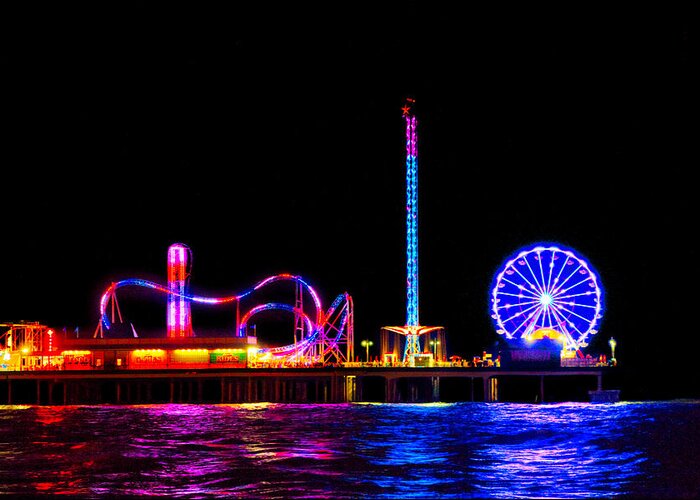 Galveston Greeting Card featuring the photograph Galveston Pleasure Pier at Night by Tim Stanley