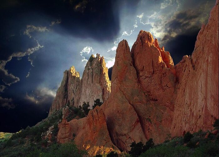 Colorado Springs Greeting Card featuring the photograph Garden Megaliths with Dramatic Sky by John Hoffman