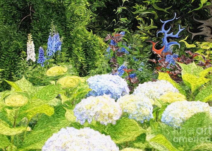 Beautiful+garden Greeting Card featuring the photograph Garden with White Lavender Hydrangeas and Bluebells by Beverly Claire Kaiya